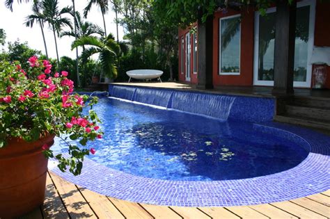Glass Tile Pool With Oversize Waterfall Contemporary Pool Miami