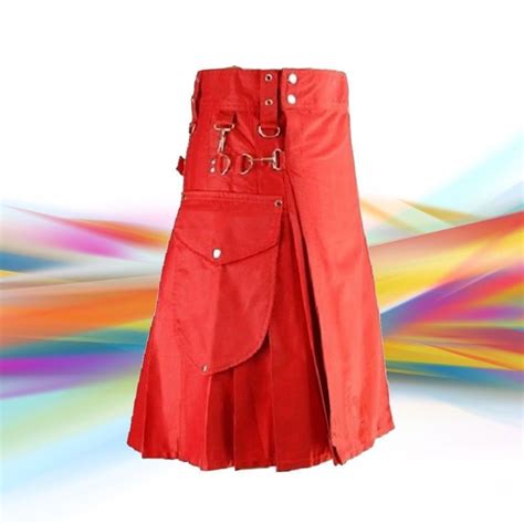 New Men Scottish Red Color Fashionable Utility Kilt For Mens 100 Cotton