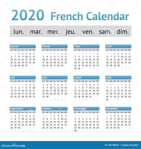2020 French European Calendar Stock Vector Illustration Of Black