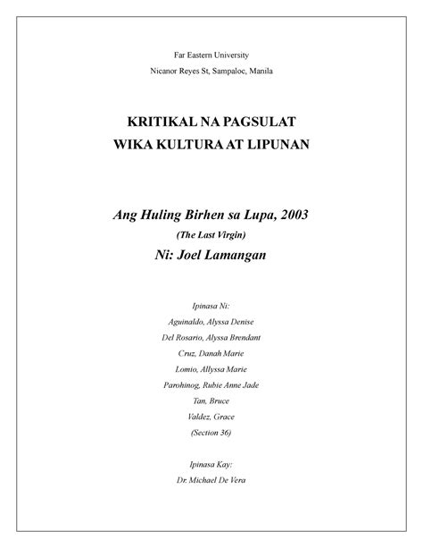 Ang Huling Birhen Sa Lupa Far Eastern University Nicanor Reyes St