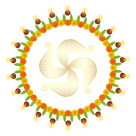 Diwali Diya Vector Art Png Golden Swastik With Garland And Diwali Diya