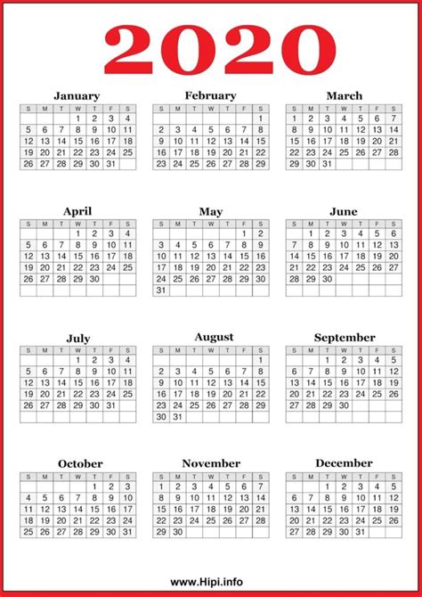 2020 Calendar Printable 2020 Calendar Free Free Download