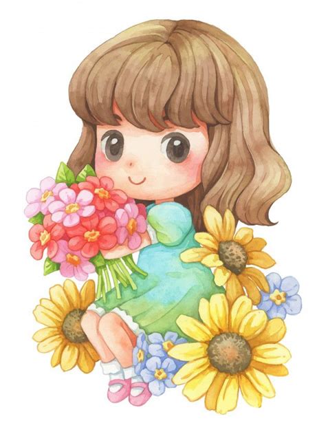 Little Girl And Flower Watercolor Illustration Watercolor Girl Girls