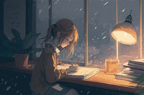 Anime Girl Studying Book In Nature Anime Woman In Desk Working Anime