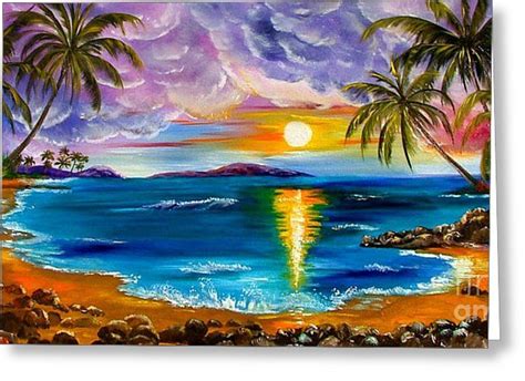 Tropical Sunset Greeting Card By Inna Montano Sunset Painting Beach