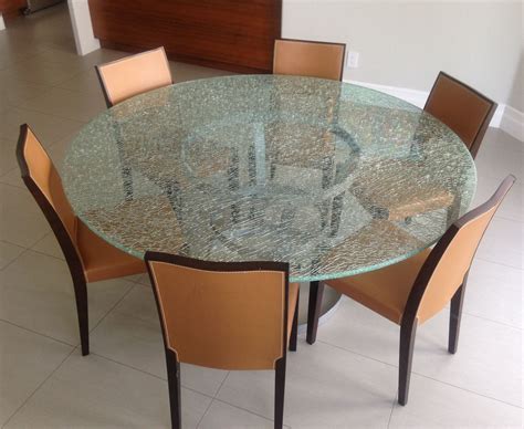 Round Crackle Glass Dining Table With Tripod Metal Base Glass Dining