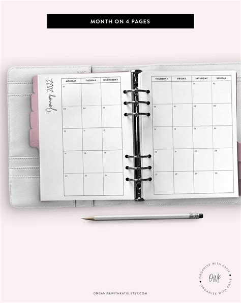 A6 Rings 2022 Monthly Planner Printable Month On 4 Pages Etsy Uk