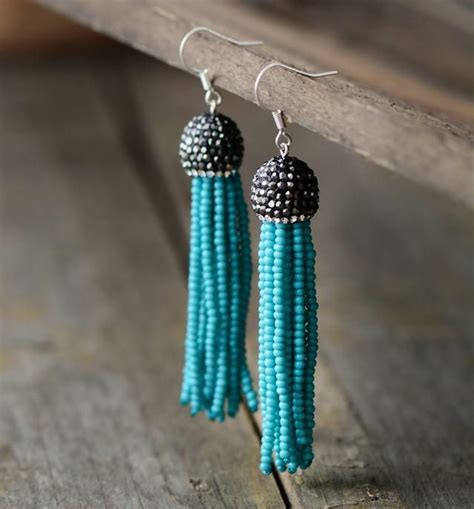 Seed Beads Natural Turquoise Tassel Silver Drop Earrings Turquoise