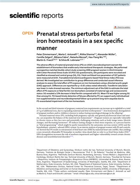 Pdf Prenatal Stress Perturbs Fetal Iron Homeostasis In A Sex Specific Manner