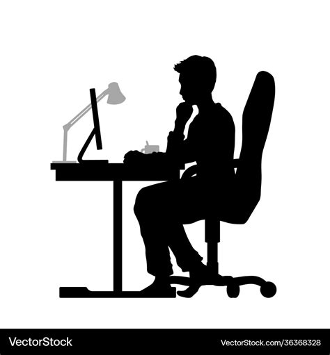 Black Silhouette Man Working At Computer Vector Image