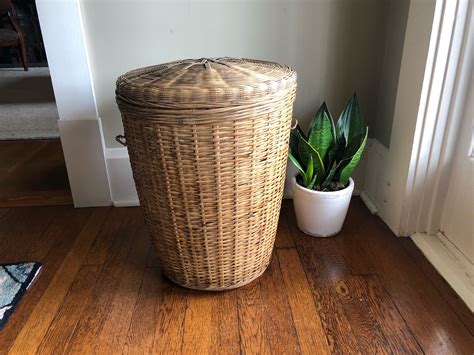 Wicker Laundry Basket With Lid Round Bamboo Hamper Boho Etsy