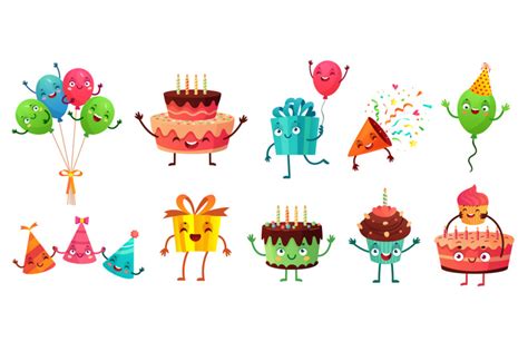 Cartoon Birthday Celebration Set Party Balloons With Funny Faces Hap