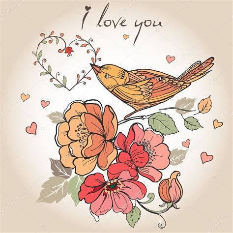 Vintage Postcard Flowers Birds Hearts I Love You Can Be Used For Cards Invitations Banners
