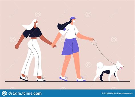 Interracial Lesbian Couple In Medical Face Mask Walking With Their Dog