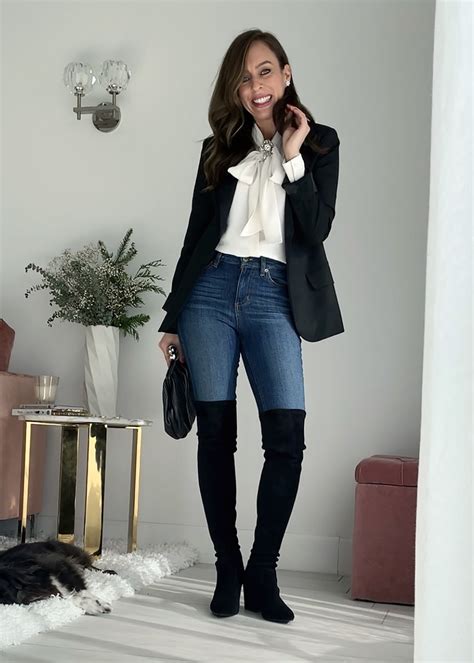 sydne style shows how to wear over the knee boots with jeans and a blazer sydne style