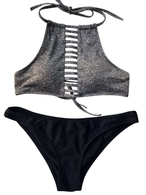 Color Block Lace Up Bikini Set Black And Grey S Mobile Bikinis