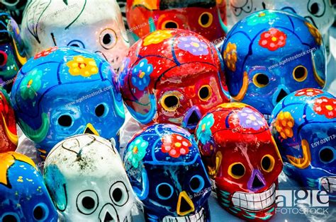 Traditional Mexican Day Of The Dead Souvenir Ceramic Skulls At Market