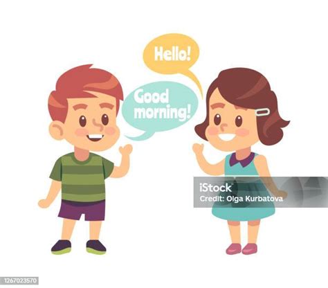 Kids Good Manners Boy Says Good Morning And Girl With Hello Word In