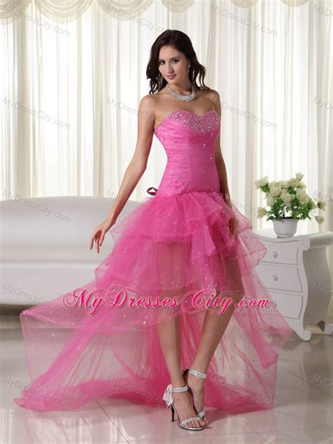 pink a line sweetheart high low organza beaded prom dress