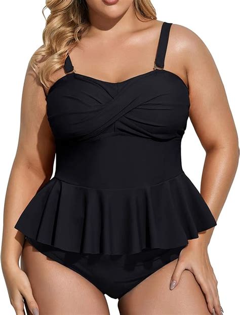 Daci Women Black Plus Size Tankini Peplum Tops Twist Front High Waisted