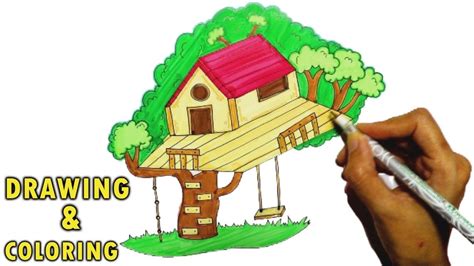 How To Draw Tree House Easy Method Drawing And Coloring Youtube