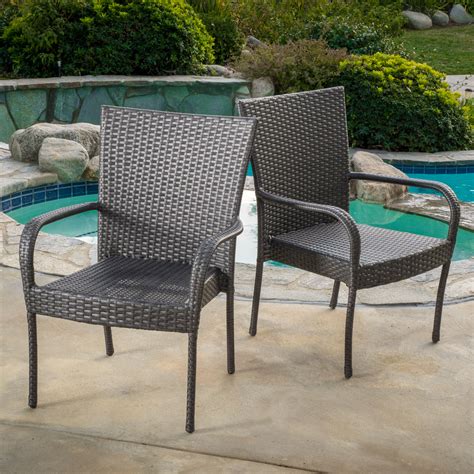 Stackable patio chairs and stackable outdoor chairs make it easy to store seating when not in use during the fall and winter seasons. Outdoor PE Wicker Grey Stackable Club Chairs (Set of 2 ...
