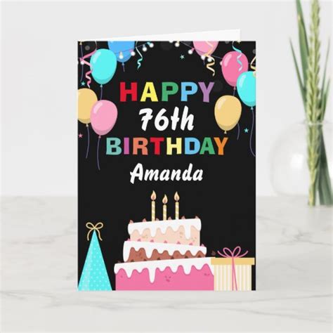 76th Happy Birthday Colourful Balloons Cake Black Card Uk