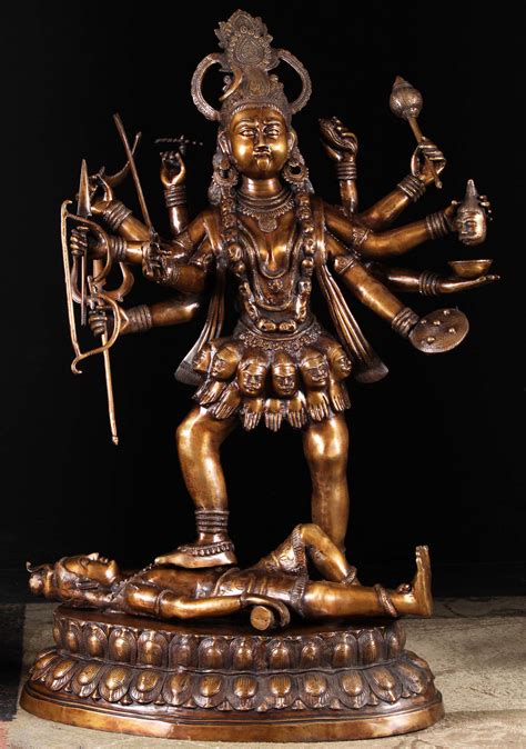 Large Indian Brass Hindu Goddess Kali Statue Standing On Her Husband Shiva With 10 Arms 43