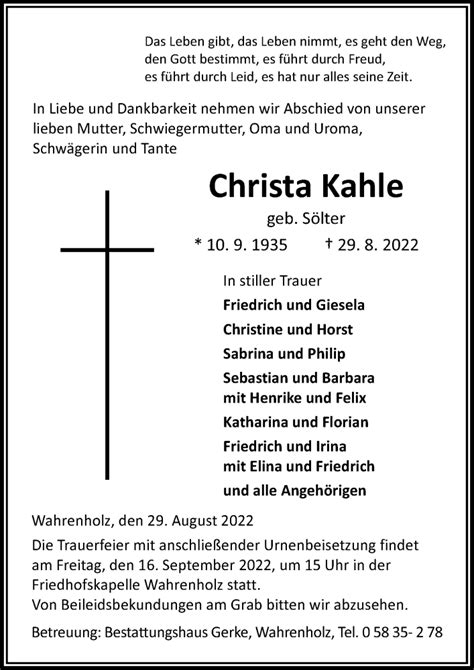 Traueranzeigen Von Christa Kahle Trauer Anzeigende