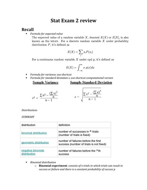 Cheat Sheet For Exam 2 Summary Calc Based Intro To Statistics Stat