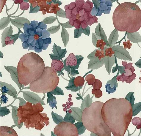 Floral vintage wallpaper for background. Fruit Floral Vintage Wallpaper Cream Pear Cherry Red Green ...