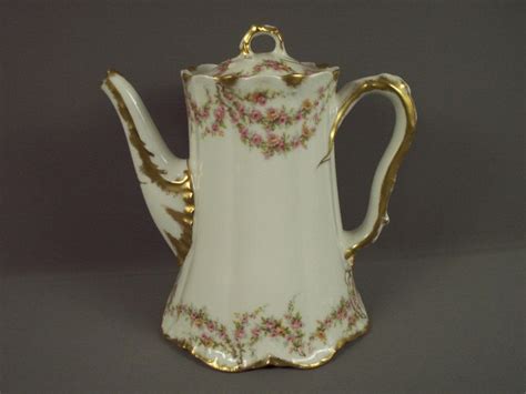 French Haviland Limoges Porcelain Chocolate Pot Roses Gilt Chocolate