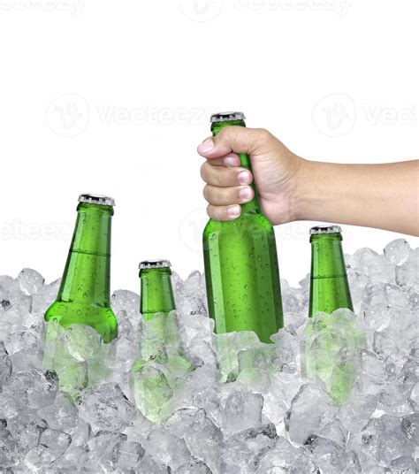 Man Holding Cold Beer Bottle In Ice Cube With Chilled Beer Bottle