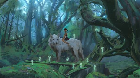 Princess Mononoke On Wolf In The Forest [1920 X 1080] R Wallpaper