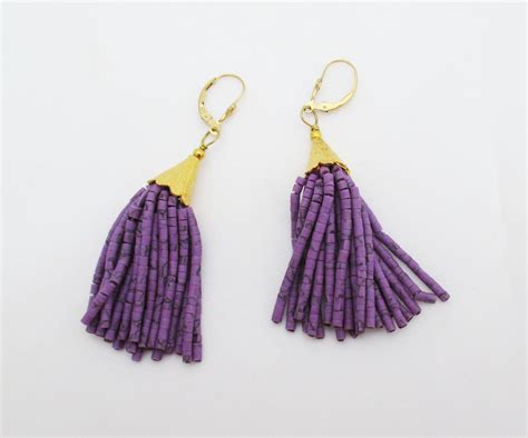 Beaded Purple Tassel Earrings With Gold Cap By Desertflowerdesigns On