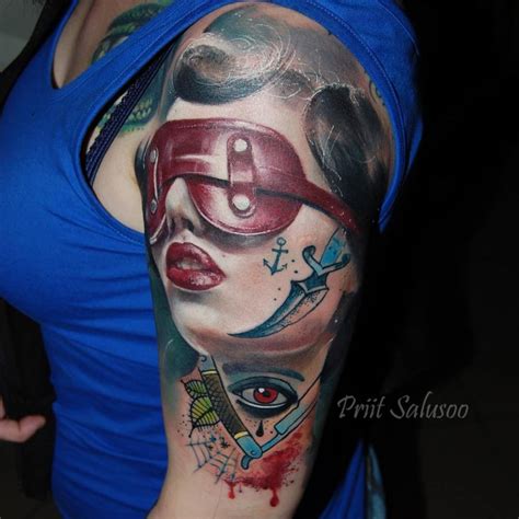 Realistic Bdsm Woman Portrait Tattoo On The Upper Arm