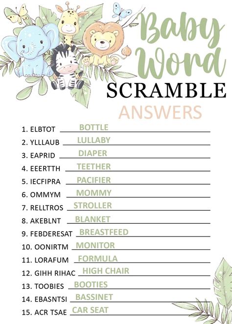 Baby Shower Word Scramble Printable Game Jungle Inspired Etsy
