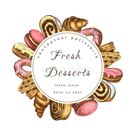 Vector Pastry Bakery Round Label Or Frame With Sweet Desserts