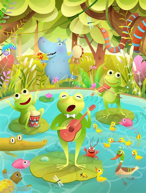 Premium Vector Kids Music Festival Or Party On A Lake Or Pond With