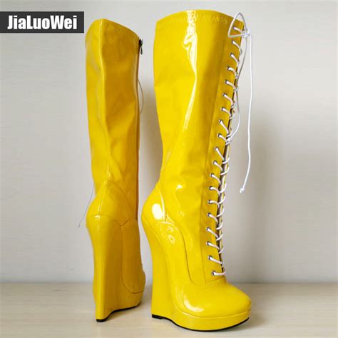 18cm7 inch extreme high wedge heel platform boots fetish sexy exotic lace up zipper patent