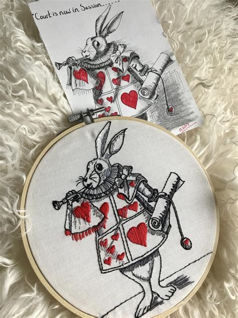 White Rabbit Alice In Wonderland Embroidery Etsy Wooden Embroidery