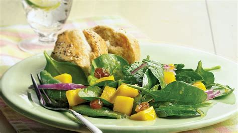 To serve, add spinach and almonds; Spinach-Mango Salad Recipe - Pillsbury.com
