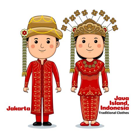 커플 착용 자카르타 인도네시아 전통 의상 프리미엄 벡터