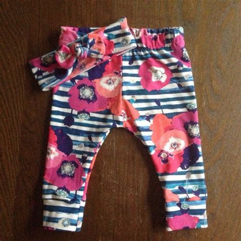 Navy And Floral Stripe Legging And Top Knot Headband For Babies And