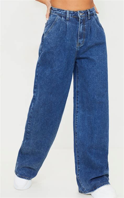 Dark Blue Wash Seam Detail Wide Leg Baggy Jeans Prettylittlething Ie