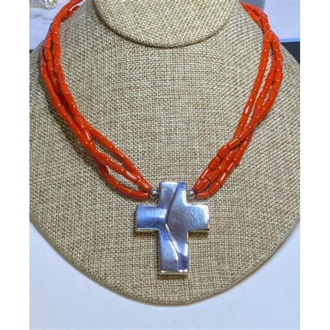 Jay King DTR Sterling Silver Red Coral CROSS Pendant Necklace Etsy