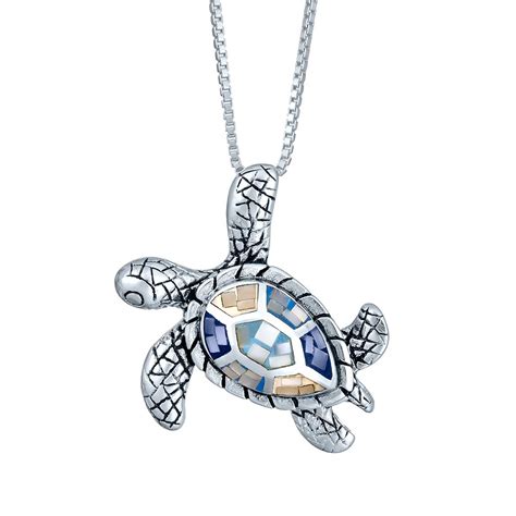 Mosaic Shell Capri Sea Turtle Necklace In Sterling Silver
