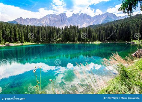 The Karersee A Lake In The Italian Dolomites Stock Image Image Of