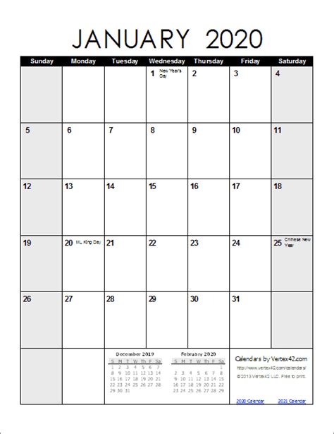 The printable pdf calendar includes both sunday and monday start versions and comes in a horizontal and vertical format. Download the 2020 Calendar (Portrait) from Vertex42.com ...