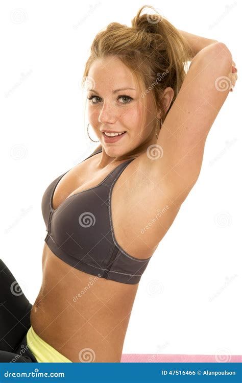 Woman Gray Sports Bra Side Arms Up Look And Smile Stock Photo Image Of Beauty Beautiful